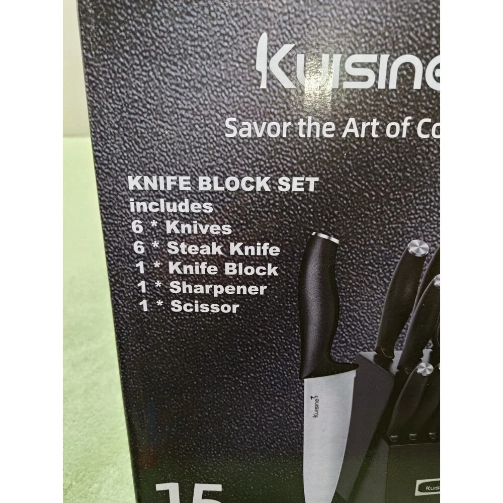 Kuisine Kitchen Chef Knife Block Set Stainless Steel Sharp Knife Set Black 15pcs - Picture 3 of 4